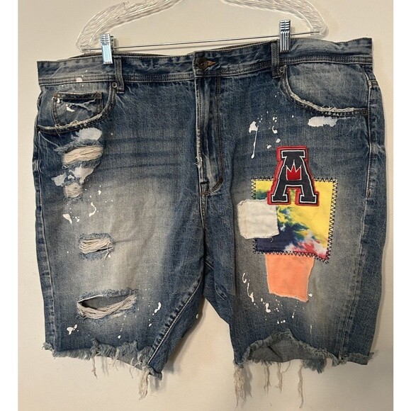 Akoo Denim Splatter Distressed Shorts With Patches Mens 44 - Picture 1 of 11